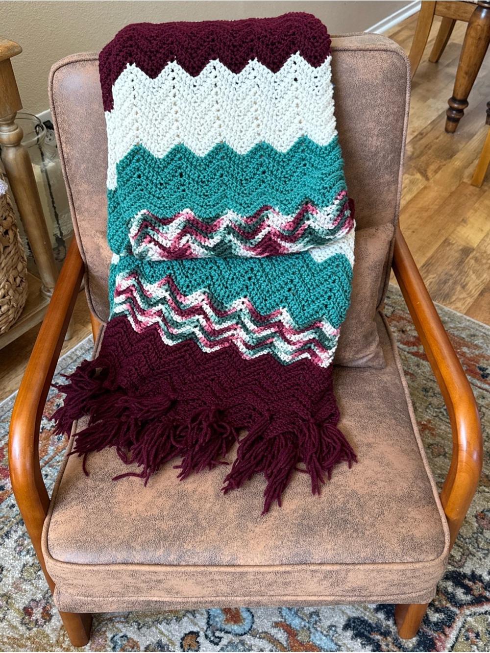 Handmade Chevron Crochet Afghan Throw 60” x 57” Burgundy Teal Cream Fringe